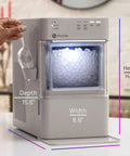 Legit Nugget Ice Maker, Portable Countertop Pellet Ice Machine, showing dimensions and ice production features in stone grey.