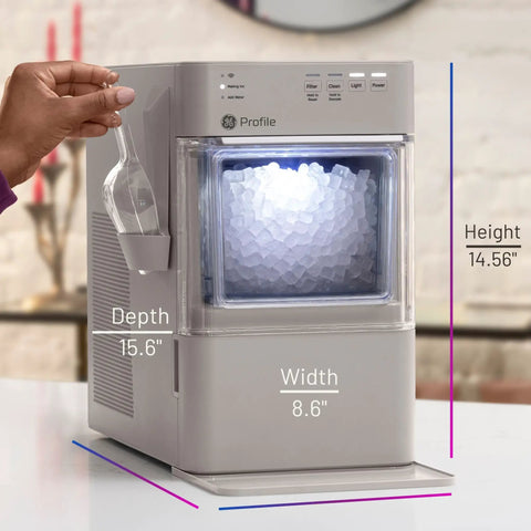 Legit Nugget Ice Maker, Portable Countertop Pellet Ice Machine, showing dimensions and ice production features in stone grey.