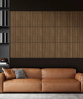 Walnut Acoustic Wall Panels 12 Pack Self Adhesive 16 By 12 By Four Tenths Of An Inch Covering 16 Sq Ft in living room setting