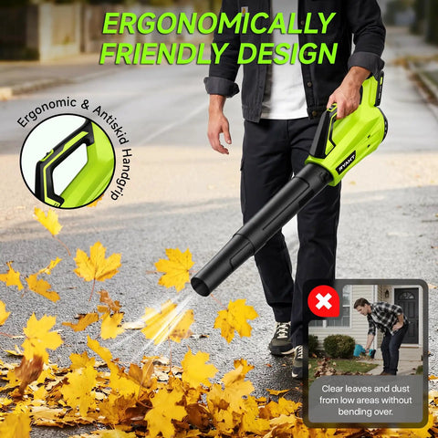 Person using cordless leaf blower with battery and charger, 20V power, dual speed modes, lightweight electric blower for leaves.