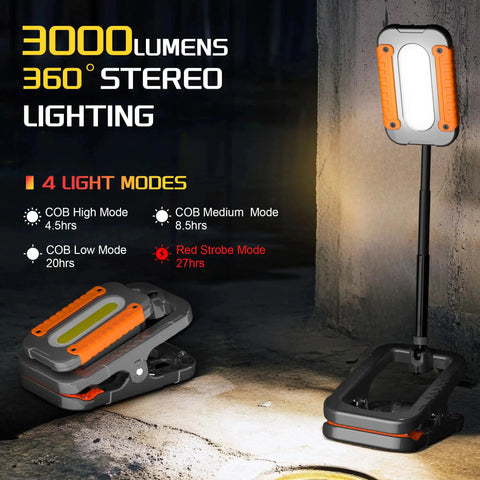 Rechargeable Clamp Work Light With 360 Degree Rotation 3000LM LED Portable Lamp on telescopic stand showing light modes