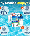 Packaging and app interface for 10-In-1 Pool And Spa Water Test Kit With App For Hot Tubs And Saltwater Pools