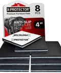 Non Slip Furniture Pads 8 Pack Four Inch Rubber Feet Floor Protectors For Furniture Legs Premium Grippers packaging and stacked pads.