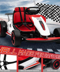 24V Ride On Drift Kart With Dual 150W Motors, 10Ah Battery, EVA Tires, red seat, black steering wheel, checkered flag