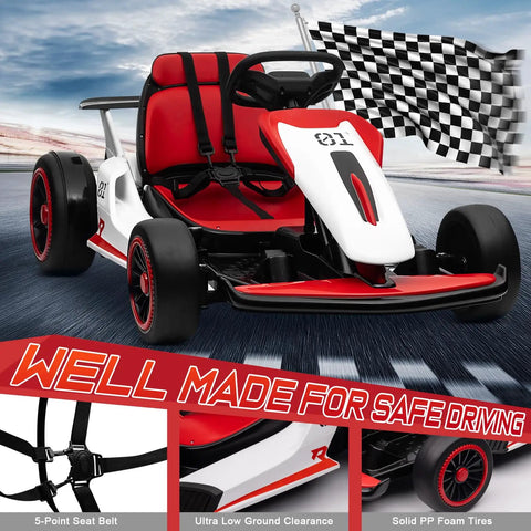 24V Ride On Drift Kart With Dual 150W Motors, 10Ah Battery, EVA Tires, red seat, black steering wheel, checkered flag