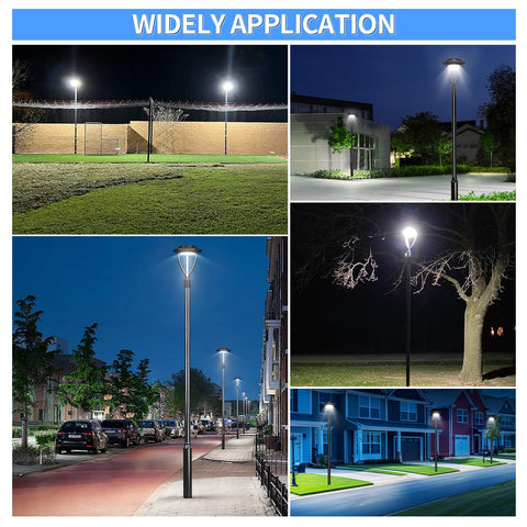 LED Post Light With Adjustable Wattage 60W 48W 36W ETL 5000K IP65 Outdoor Pole Lighting in various street settings.
