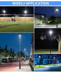 Outdoor applications of Beast Mode Bright Adjustable 60W 80W 100W LED Post Top Light With Photocell in various settings.