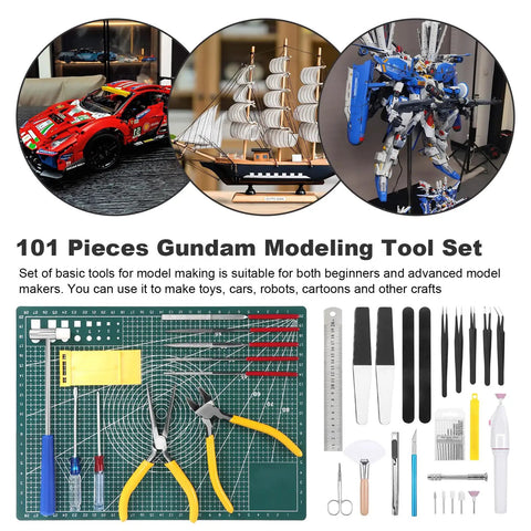 101-Piece Gundam Model Tools Kit with nippers, tweezers, files for building and repairing Gundam models, shown with sample models.