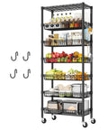 Ultra Sturdy 7 Tier Wire Shelving Unit With Basket Shelf And Wheels For Pantry Kitchen Or Office Storage Adjustable Shelves Waterproof And Rust Proof Metal Four Side Hooks For Ladles Towels And More 72 Inch Tall, black metal with wheels