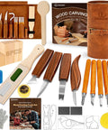 All In One Wood Carving Set For Beginners 32 Piece Toolkit With Whittling Knives Detail Knives Templates, Basswood Blocks, PU Bag
