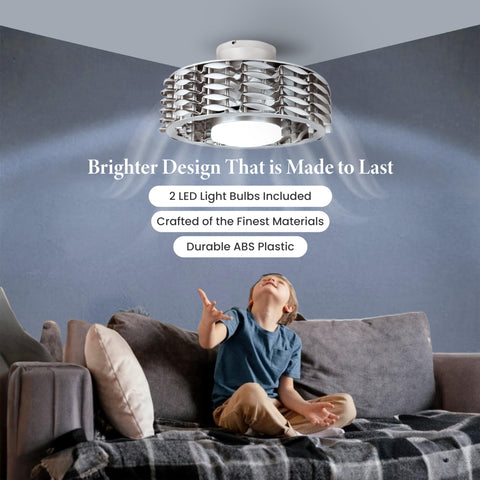 Child reaching for bladeless ceiling fan with lights and remote, Oceano 23 inch low profile modern ceiling fan for kids room.