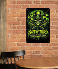 Safety Third Aluminum Sign 8x12 Vertical Poster on brick wall in man cave, bold industrial style for decor.