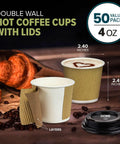 Premium 4 Oz Insulated Triple Wall Ripple Paper Coffee Cups With Black Lids 50 Pack featuring cups and a dome lid.