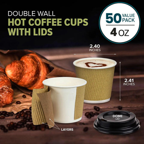 Premium 4 Oz Insulated Triple Wall Ripple Paper Coffee Cups With Black Lids 50 Pack featuring cups and a dome lid.