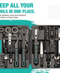 Open portable case showing all-in-one 33-piece bike tool kit with tire levers, crank puller, chain tool, for road, mountain bikes, e-bikes.