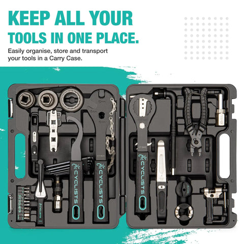 Open portable case showing all-in-one 33-piece bike tool kit with tire levers, crank puller, chain tool, for road, mountain bikes, e-bikes.