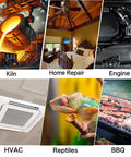 Various uses for non contact infrared thermometer gun with 50 to 1 distance to spot, 13 laser points, and wide temperature range minus 58 to 2732 F for cooking, pizza oven, griddle, reptile tanks, HVAC, and industrial use.
