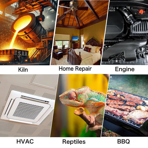 Various uses for non contact infrared thermometer gun with 50 to 1 distance to spot, 13 laser points, and wide temperature range minus 58 to 2732 F for cooking, pizza oven, griddle, reptile tanks, HVAC, and industrial use.