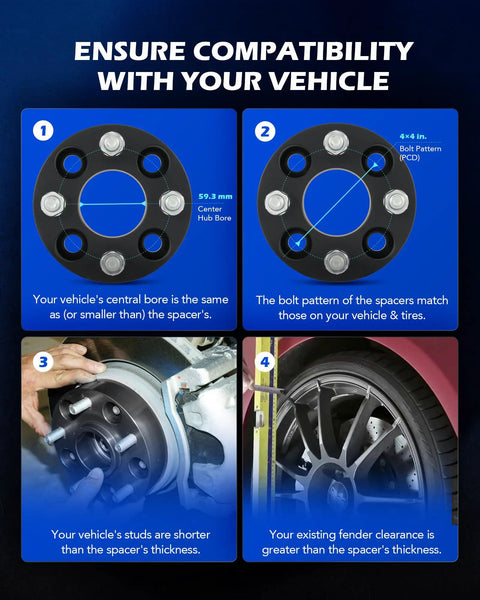 Diagram showing four steps to ensure compatibility of 4x4 Wheel Spacers For Golf Carts Set Of 4, 2 Inch Spacers, with measurements.