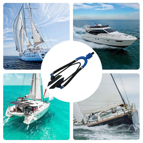 Collage of boats with Outboard Engine Flush Kit With Rubber U Bend Muff And Quick Attach Hose Interface overlay