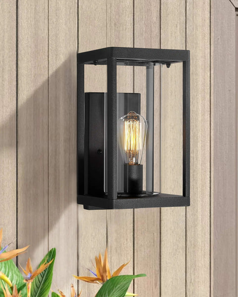 Dusk To Dawn Outdoor Wall Light 2 Pack Slick Modern Exterior Sconce Porch Lantern Black Cast Aluminum With Clear Cylinder Glass Photocell Sensor