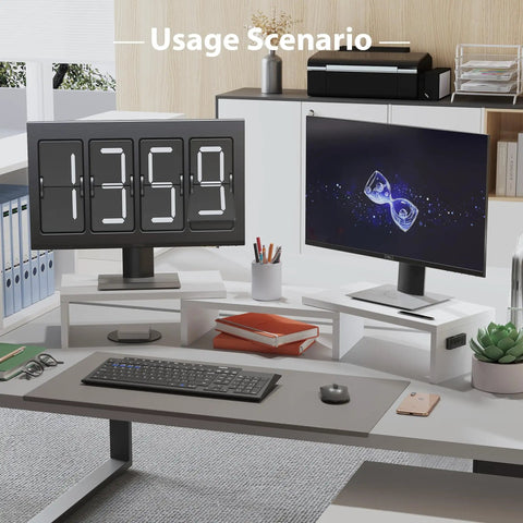 Dual Monitor Stand With Smartphone Holder For Your Setup Adjustable Length From 31 Point 5 To 42 Point 5 Inches Swivel Angle Ergonomic Wooden Desk Organizer For PC Monitor Laptop And Printer White