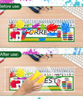 Desk showing before and after use of upgraded transparent nameplate pockets with self adhesive back 12.4 by 4.5 inch clear plastic view.