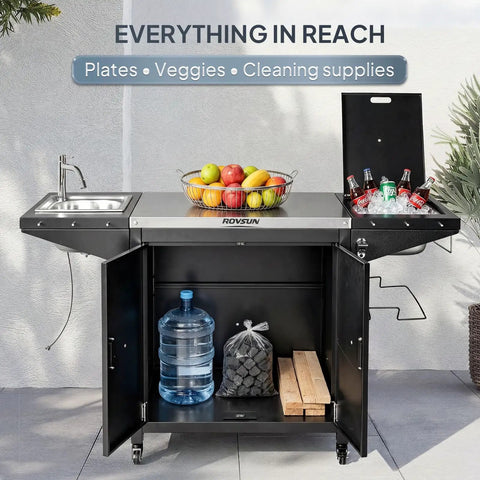 Outdoor Grill Cart With Sink And Built In Cold Drink Fridge, 304 Stainless Steel Prep Island On Wheels With Cabinet
