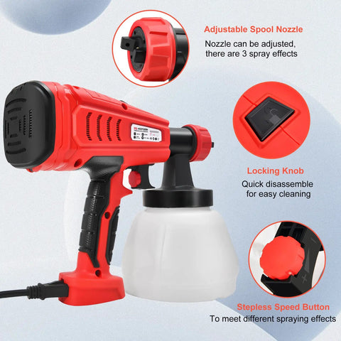 Cordless HVLP Paint Sprayer with 1300ML Cup showing adjustable nozzle, locking knob, and speed button details