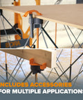 Close-up of clamps and supports on Portable Folding Work Table Kit For Diy And Shop Use A Sturdy 24 By 48 Inch Work Surface With 1500 Lb Capacity And A 30 Inch Working Height Complete Accessories Pack Including Six X Cups Non Slips Three Quick Clamps Two Cord Hooks And Carry Bag CK625