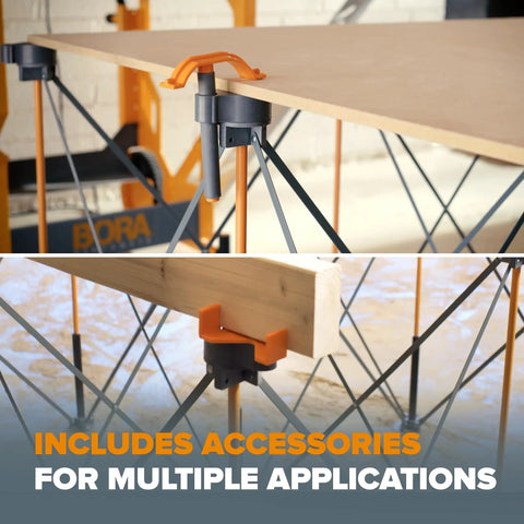 Close-up of clamps and supports on Portable Folding Work Table Kit For Diy And Shop Use A Sturdy 24 By 48 Inch Work Surface With 1500 Lb Capacity And A 30 Inch Working Height Complete Accessories Pack Including Six X Cups Non Slips Three Quick Clamps Two Cord Hooks And Carry Bag CK625