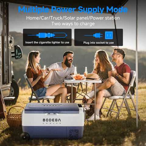 Dual Zone 12V Portable Car Refrigerator Freezer With App Control, 38 Quart Capacity shown at outdoor camping scene