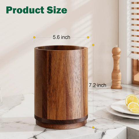 Acacia Wood 360 Degree Rotating Utensil Holder for Countertop, Big 7.2 Inch Kitchen Tool Crock with measurements on countertop