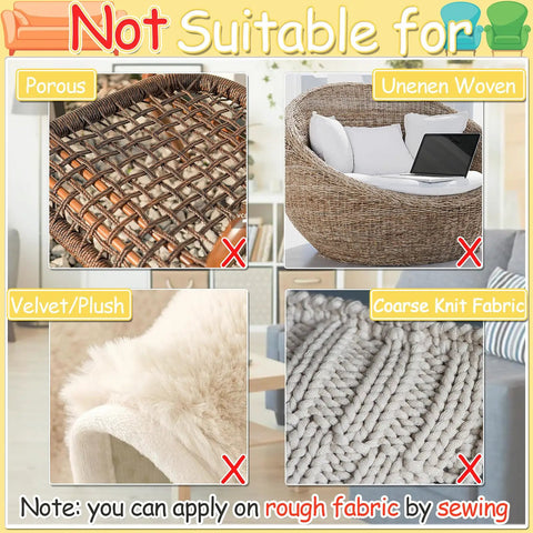 Image showing 6 Inch Wide Couch Cushion Non Slip Pads With 9.84 Ft Adhesive Hook And Loop Tape not suitable for porous, woven, velvet, or knit surfaces.