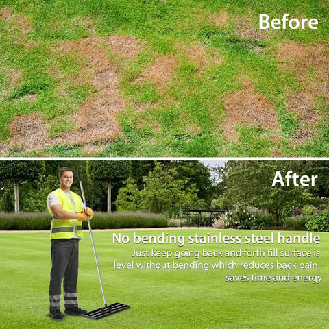 Before and after using the Beast Heavy Duty Lawn Leveling Rake With 30 Inch By 10 Inch Head And 78 Inch Adjustable Stainless Steel Handle