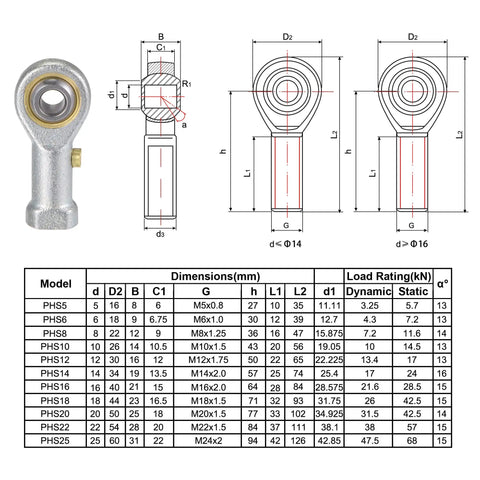 Two Pack 10mm Bore Spherical Rod End Bearing With M10x1.5 Left Hand Female Thread Self Lubricated Joint For Hydraulic Cylinders And Machinery Heavy Duty Steel Construction, dimension chart