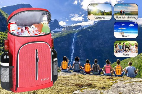 Soft Cooler Backpack Insulated Leak Proof Cooler Bag Keeps Drinks Cold For Hours, Waterproof Portable, Watermelon Red next to hikers with scenic view.
