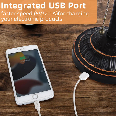 Bankers Desk Lamp With USB Port, Dope Rustic Oil Rubbed Bronze Finish, showing USB charging an electronic device