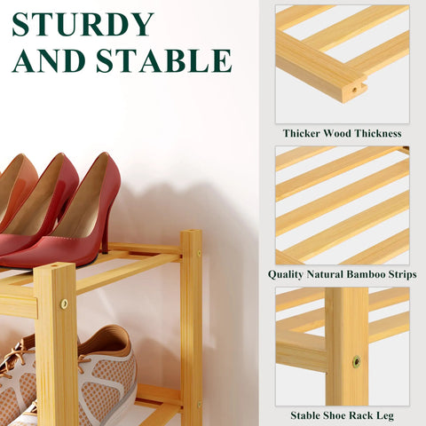 Heavy Duty Bamboo Shoe Rack For Closets, 3 Tier Natural Wood Entryway Organizer, Hella Sturdy Moisture Resistant Slick Storage Platform