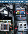 Six Way Fuse Block With LED Indicator 12V Marine Fuse Box For RV Boat Motorcycle And Your Ride 6 Circuit Blade Fuse Block With Waterproof Cover Includes 12 Fuses And Tip Stickers installed with cover on RV wiring