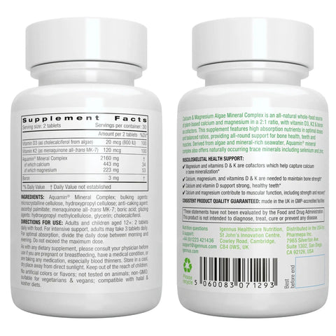 Back view of Red Algae Calcium Magnesium Complex With K2 D3 And Boron For Strong Bones And Bone Health Real Deal High Absorption