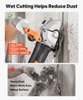 Powerhouse Wall Chaser for Concrete and Brick, 6800 RPM Electric Groove Cutter showing wet vs dry cutting comparisons