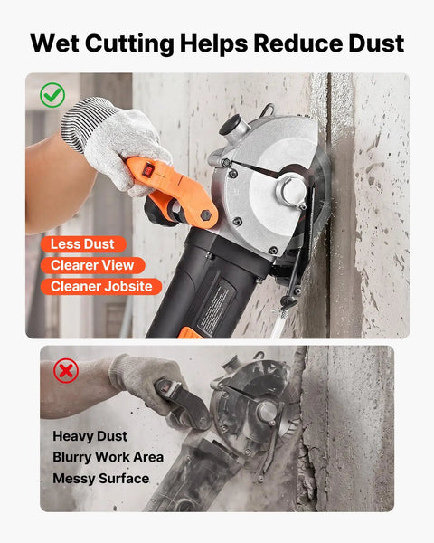 Powerhouse Wall Chaser for Concrete and Brick, 6800 RPM Electric Groove Cutter showing wet vs dry cutting comparisons
