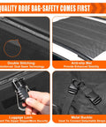 20 Cubic Feet Rooftop Cargo Bag With 51 Long By 39 Wide By 17 High Dimensions, showing double stitching, anti-slip mat, luggage lock, metal buckle