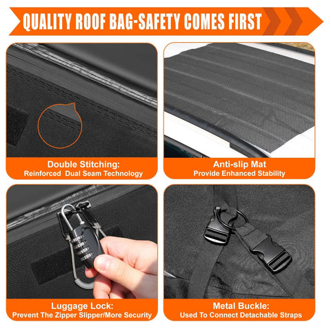 20 Cubic Feet Rooftop Cargo Bag With 51 Long By 39 Wide By 17 High Dimensions, showing double stitching, anti-slip mat, luggage lock, metal buckle