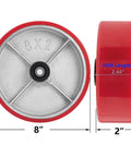 Heavy Duty Polyurethane Caster Wheels Set Of 4 Eight Inches By Two Inches With 6000 Pound Load Capacity Galvanized Yoke for toolboxes showing size measurement.