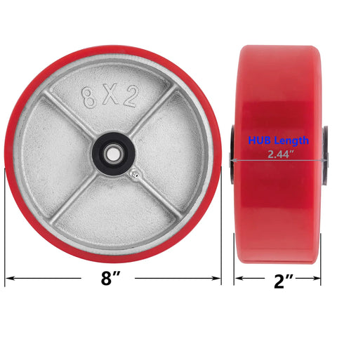 Heavy Duty Polyurethane Caster Wheels Set Of 4 Eight Inches By Two Inches With 6000 Pound Load Capacity Galvanized Yoke for toolboxes showing size measurement.