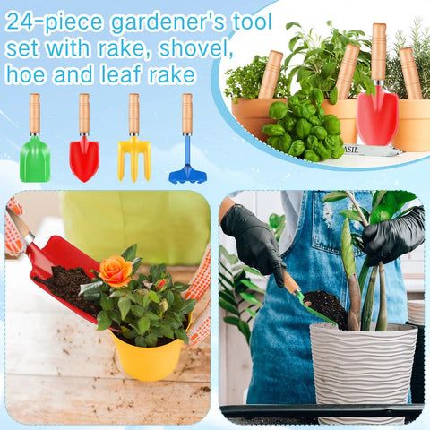 24 Piece Kids Gardening Tools Set With Wooden Handles Including Shovel Rake Fork And Trowel Metal Beach Sandbox Toys displayed