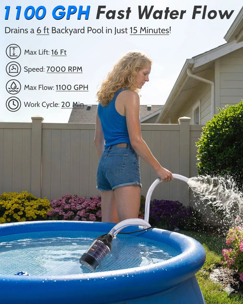 Rock Solid 12V DC Submersible Water Pump Delivering 1100GPH Flow And 16FT Lift With 6.6FT Hose in use draining a pool