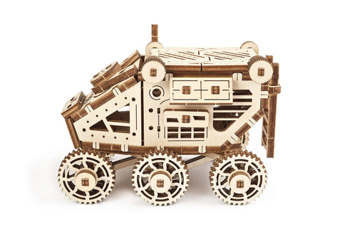 Mars Rover DIY Engineering Kit For Kids And Teens, STEM STEAM Educational Wooden Puzzle Model, side view of assembled plywood rover with wheels